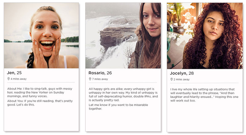 Three Tinder profile examples for women.