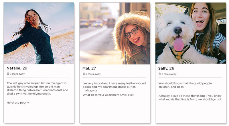 Drei Beispiele für Tinder-Dating-Profile für Frauen.