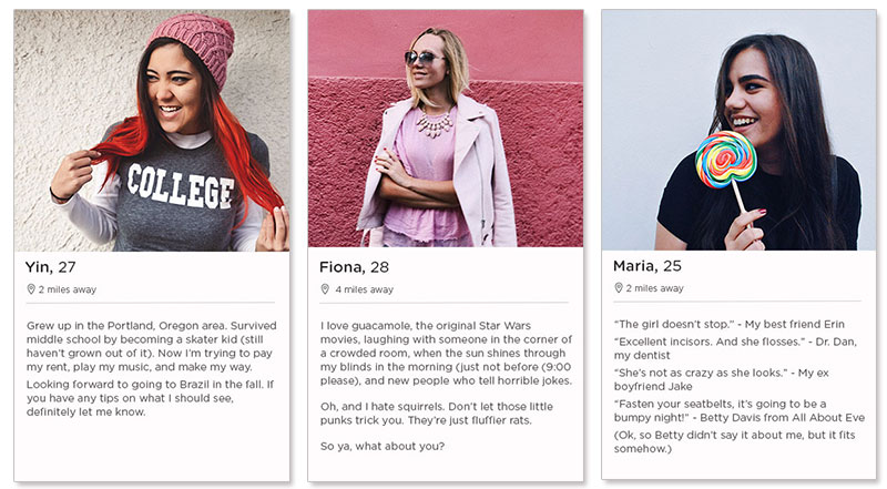 Three womens' dating profiles.