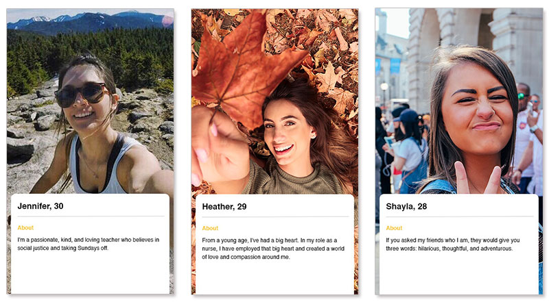 Three bumble profile examples for women in their 20s and 30s.