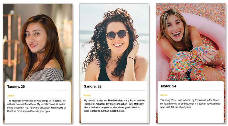 Three bumble profile examples of women looking to find a date on bumble.