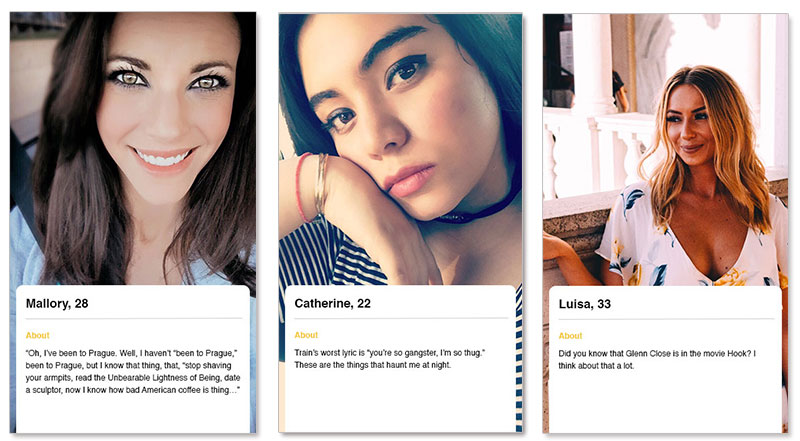 Three bumble profile examples for women looking for someone on the bumble app.