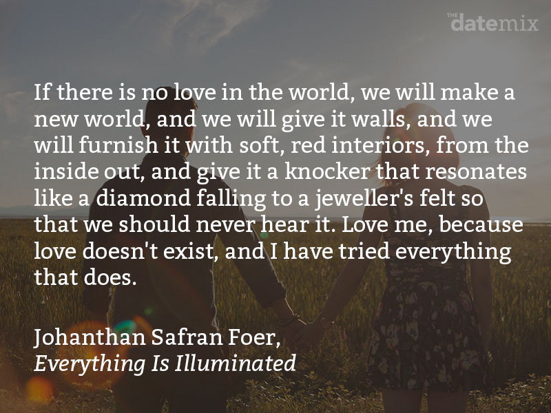 A love paragraph from Sonathan Safran Foer, Everything Is Illuminated: If there is no love in the world, we will make a new world, and we will give it walls, and we will furnish it with soft, red interiors, from the inside out, and give it a knocker that resonates like a diamond falling to a jeweller's felt so that we should never hear it. Love me, because love doesn't exist, and I have tried everything that does.