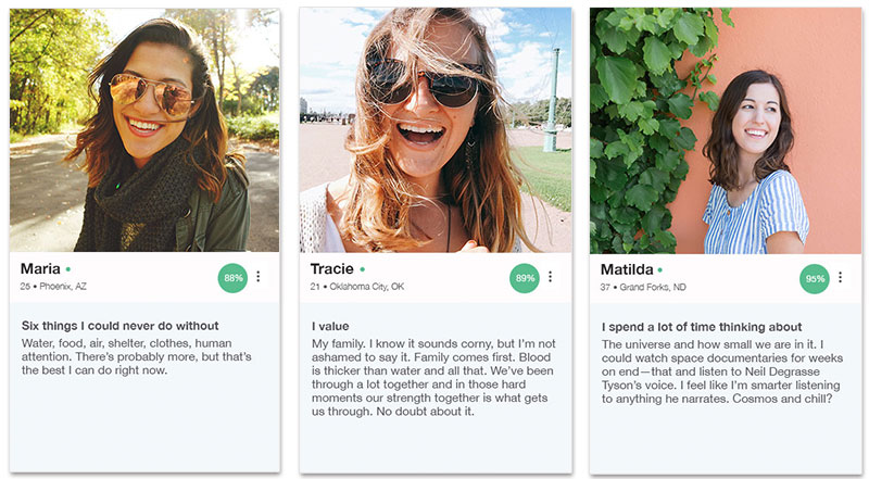 Three OkCupid profile examples for women that show how to write the prompts below.