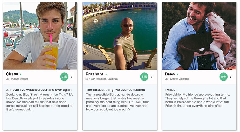 Trois exemples de profils OkCupid pour hommes avec les descriptions ci-dessous.