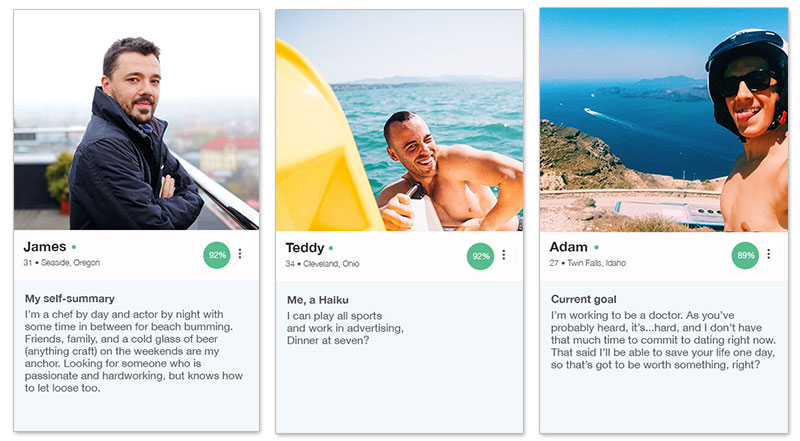 Trois exemples de profil OkCupid pour les hommes avec les descriptions ci-dessous.