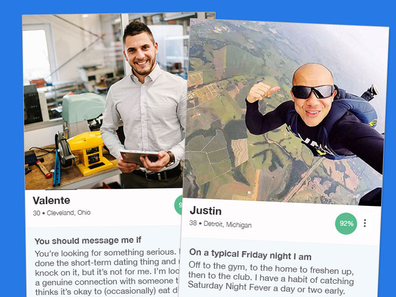 Two OkCupid profile examples for men in their 30s.