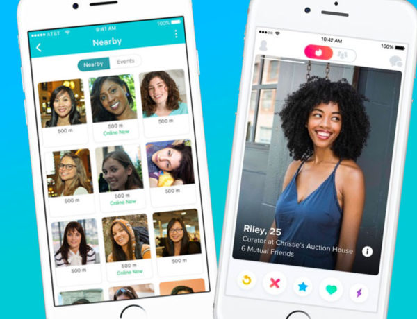 Two phones with the Tinder vs POF apps on them.