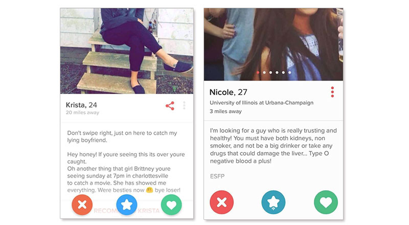 Two screenshots of funny Tinder bios.