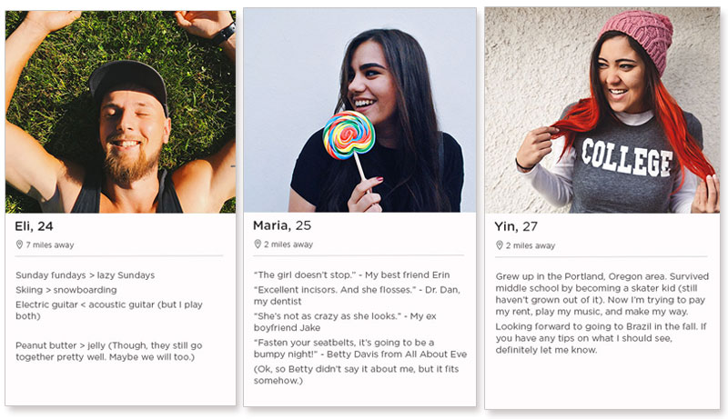 Tres ejemplos de perfil de citas de la aplicación de citas Tinder.