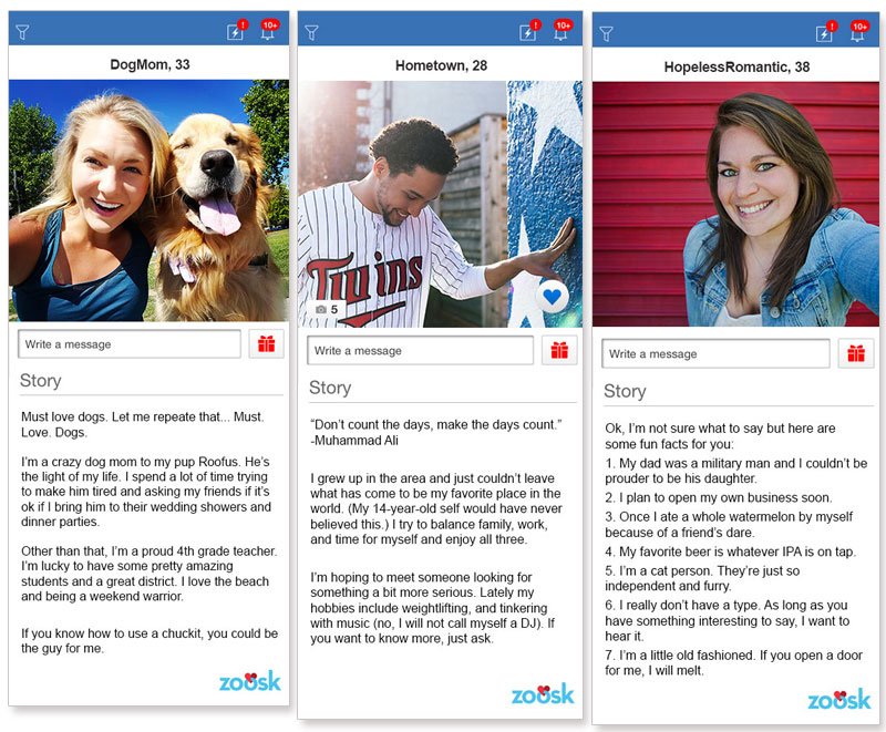 Three dating profile examples from the dating app Zoosk.