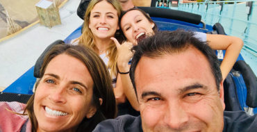 A man dating with kids after divorce, on a roller coaster with a date and his three teenaged kids.