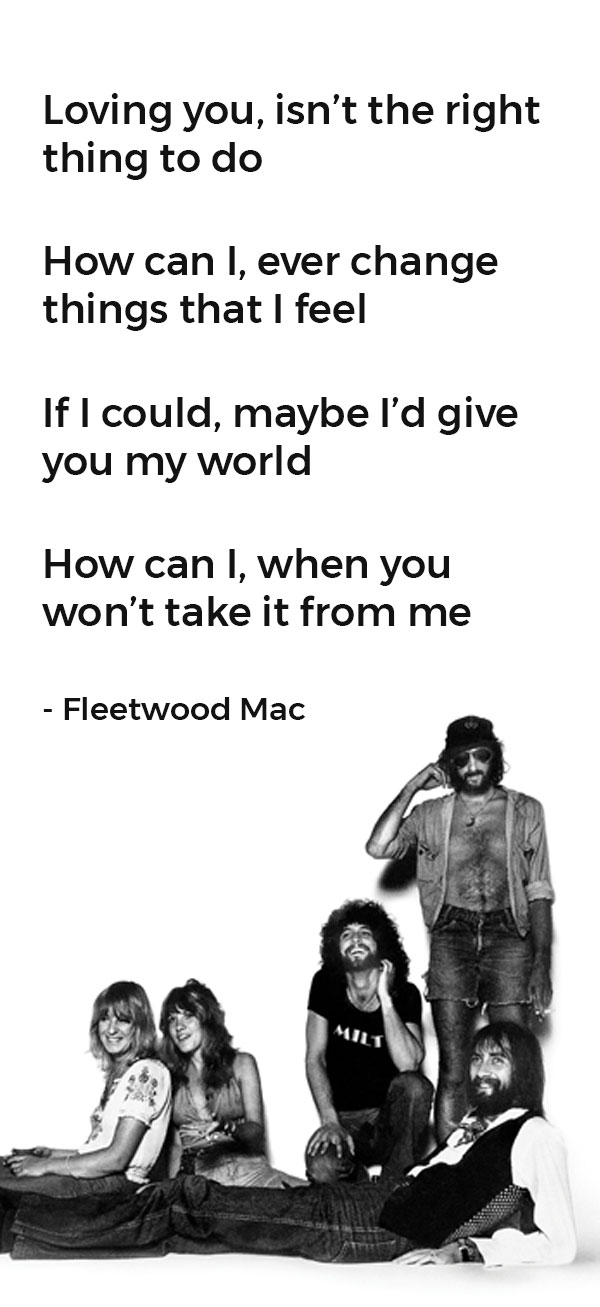 Break Up Lyrics: Loving you, isn’t the right thing to do How can I, ever change things that I feel If I could, maybe I’d give you my world How can I, when you won’t take it from me - Fleetwood Mac