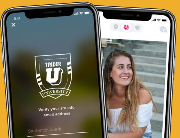 Two screenshots of the Tinder U app on a phone. The sign in screen and a profile.