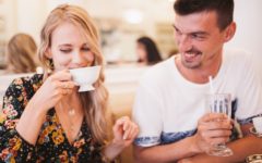 Attractive couple enjoying a fun first date conversation